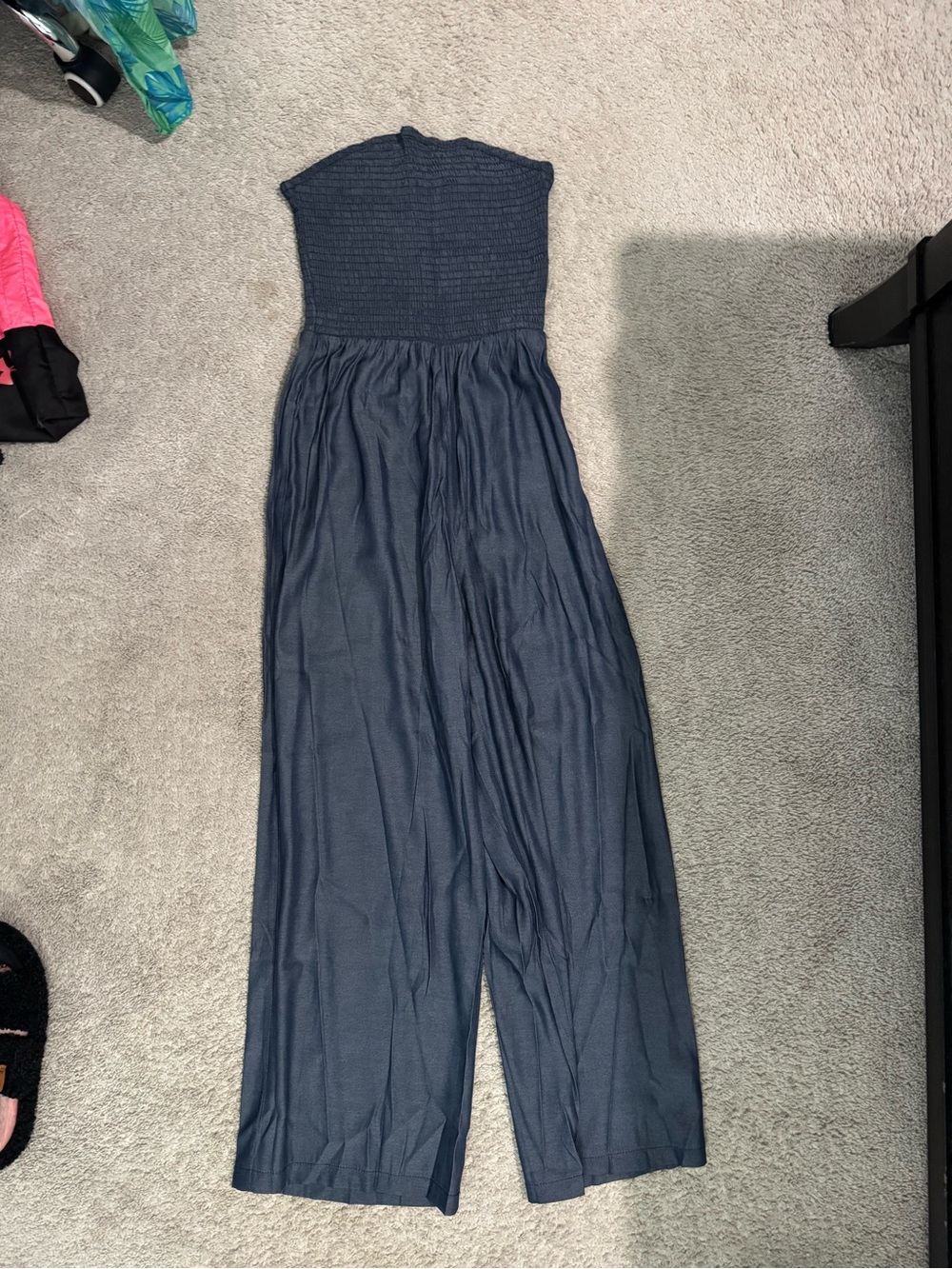 Strapless Smocked Navy Wide-Leg Jumpsuit